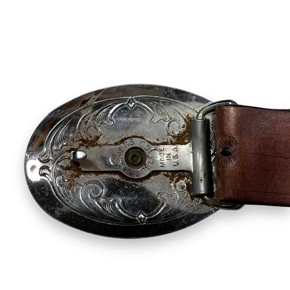 Vtg Chambers Tooled Leather Cowboy Boot Western Aztec Southwest Buckle Belt‎ 39”